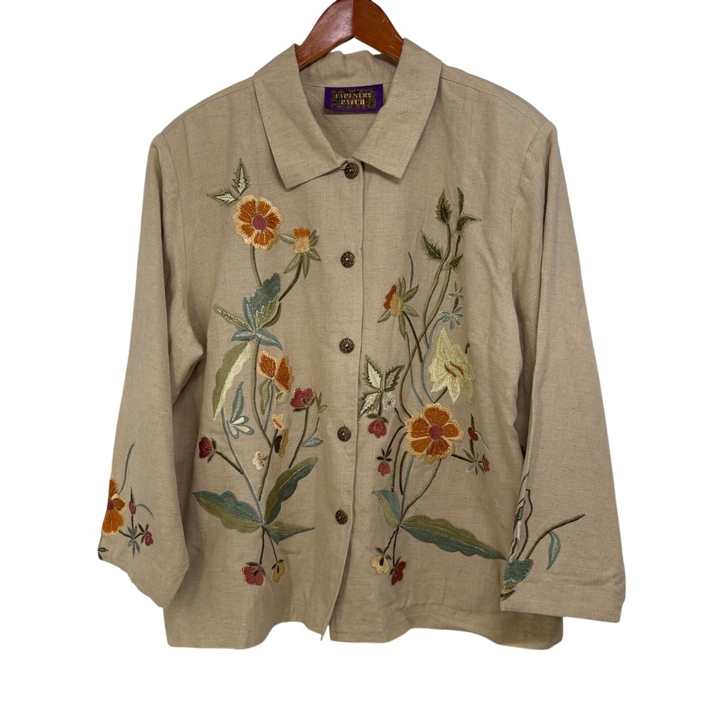 Tapestry Patch Beige Floral Embroidered Button Front Jacket Linen Blend 2XL Boho